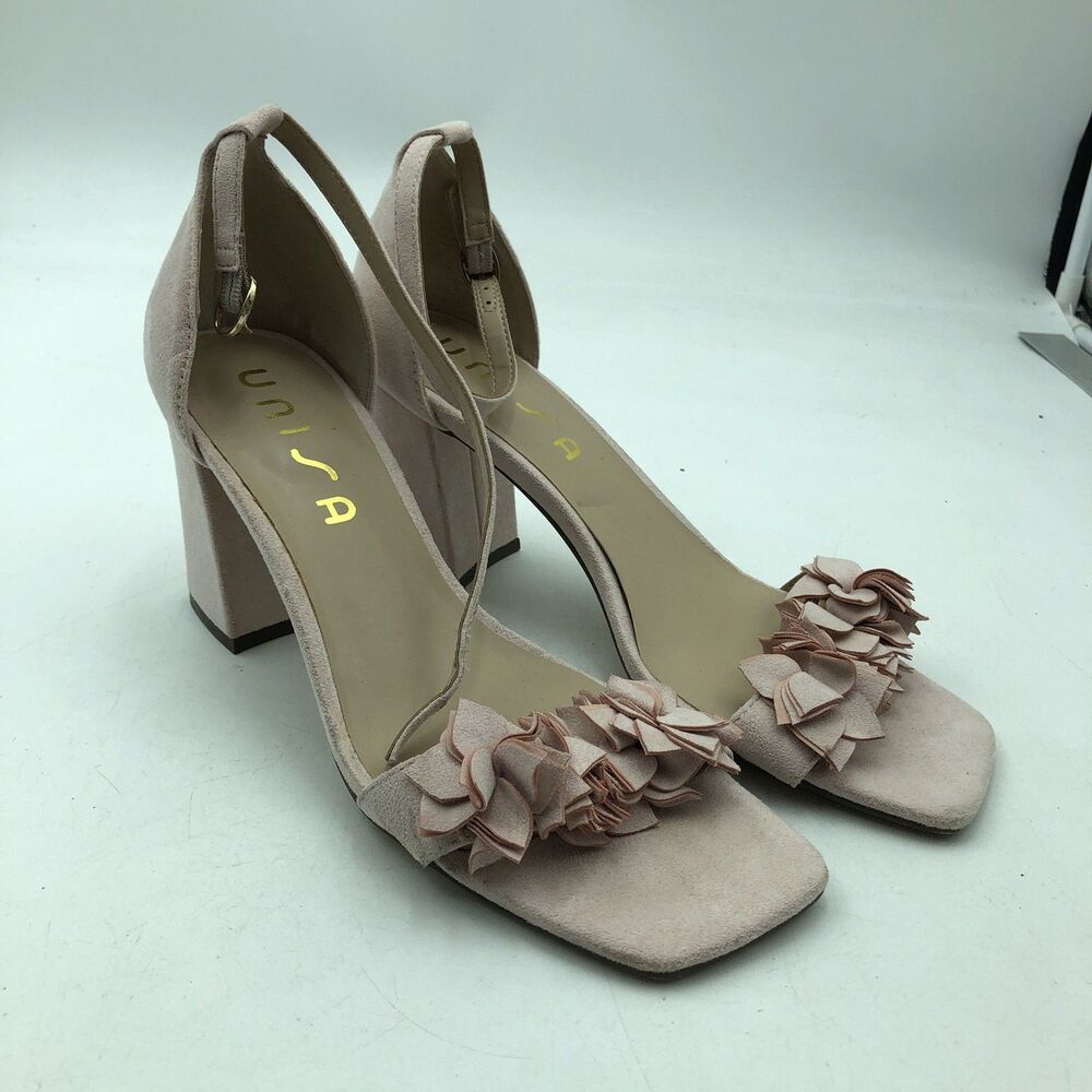 UNISA Pink Faux Suede Ankle Strap Floral Toe 3" Heel Sandals Shoes Sz 10